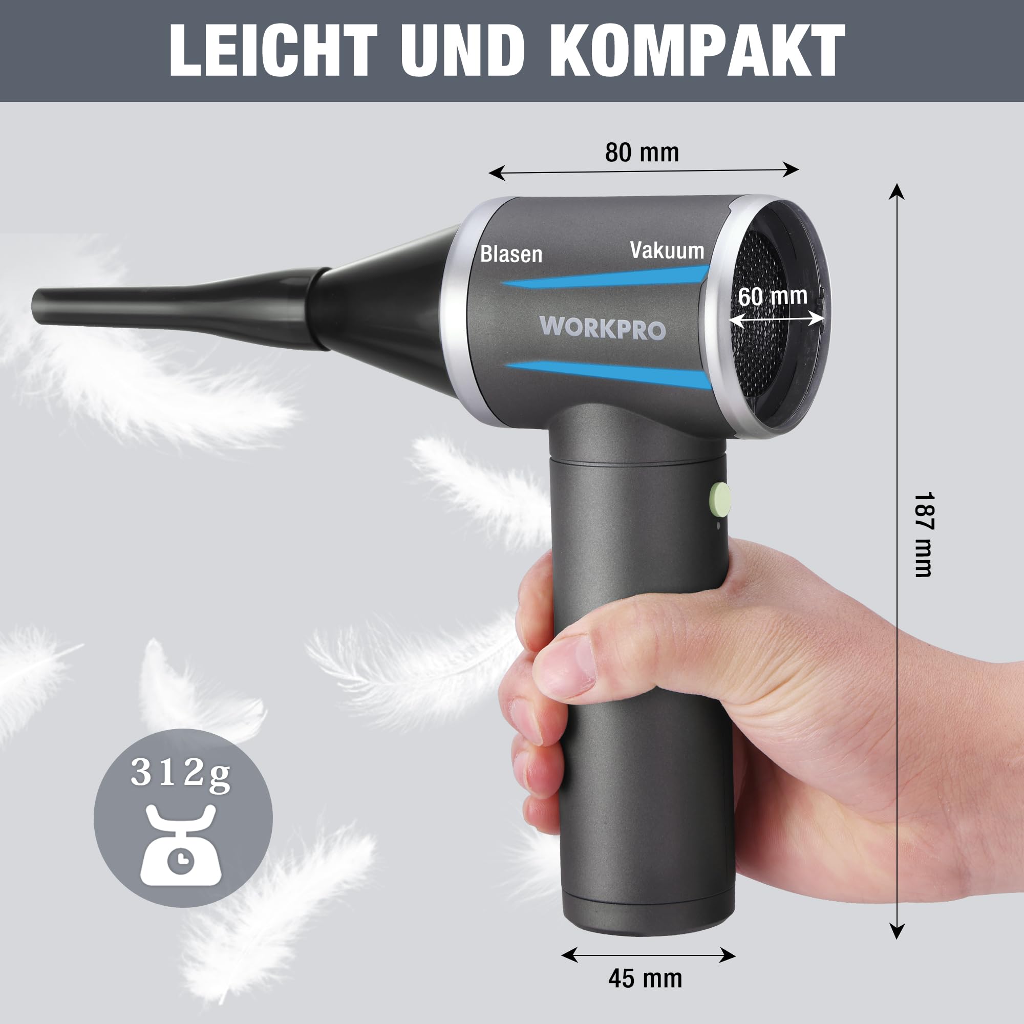 WORKPRO 2-in-1 Elektrisches Staubgebläse 120000 U/min, 4-Gang Druckluft Air Duster, Type-C Wiederaufladbarer Staubbläser, Tragbares Akku Luftdruckspray für Auto, Tastatur, Outdoor, und Luftmatratzen