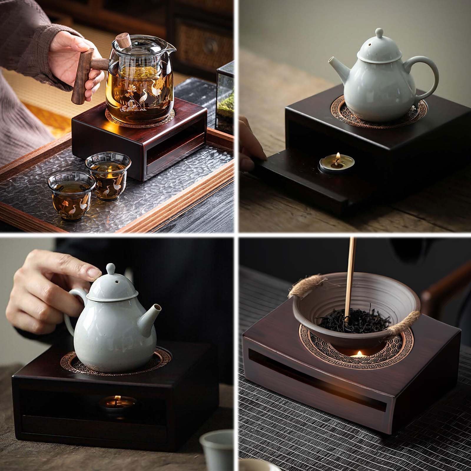 MINZHI Calientaplatos para tetera de madera bambú, base calentador de té y café