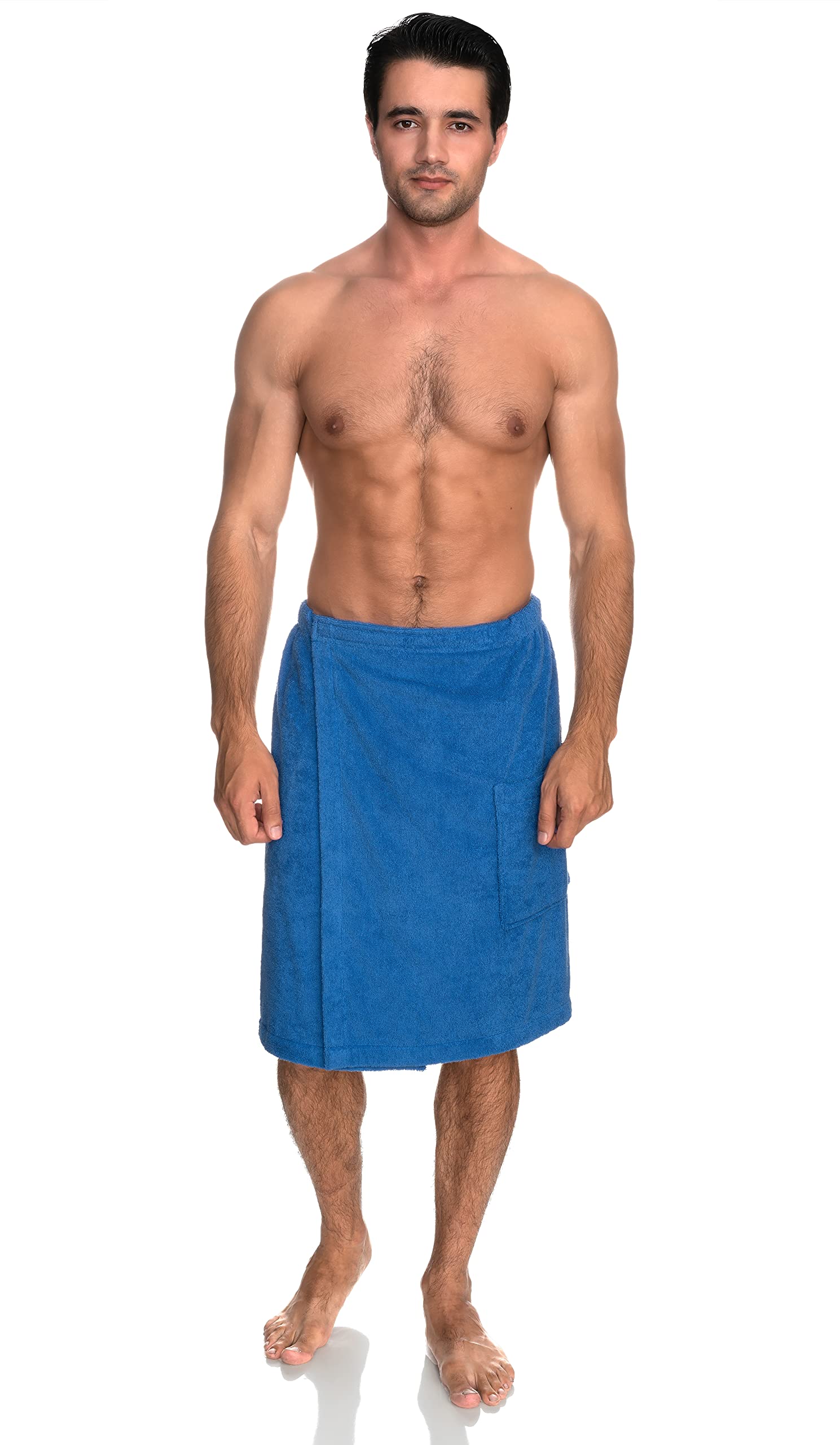 TowelSelections Mens Shower Wrap Adjustable Cotton Terry Cloth Spa Bath Towel Wrap Sauna Gym Towels for Men Small-Medium Strong Blue