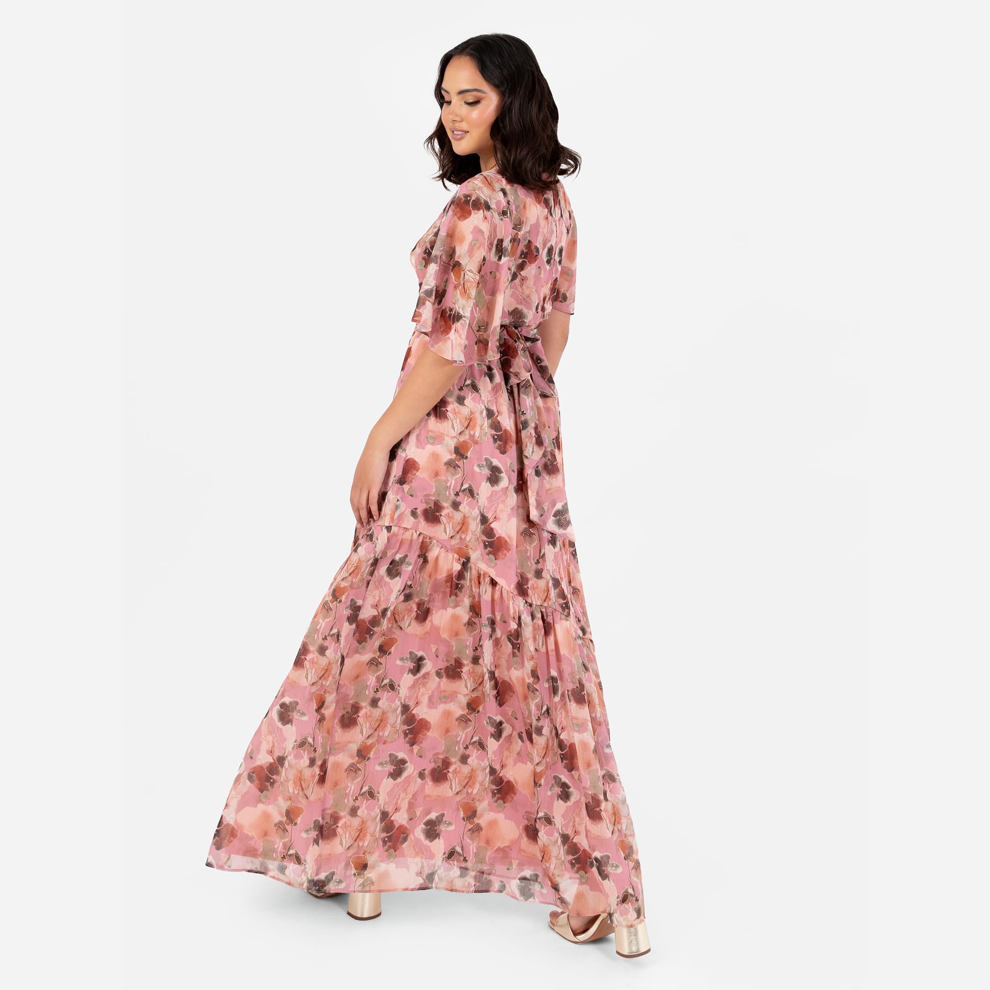 Lovedrobe Women's Maxi Dress Ladies Cape Sleeve V-Neck Ruffle Bow Tie Belt Asymmetric Seam Floral A-Line Wedding Guest Occasion Vestito, Blush Pink, 46 Donna