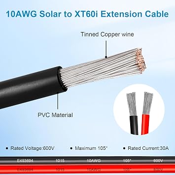 10AWG 75FT Solar to XT60i Extension Cable 3 6 10 35 50 75 100FT Heavy Duty Adapter Cable Connector XT60i Wire for Portable Power Station, Solar Panel, RV, Battery