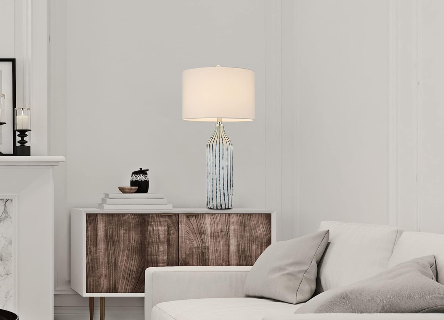 Cal Lighting BO-3042TB Inveruno Glass Table Lamp with Hardback Drum Shade, Aqua Grey