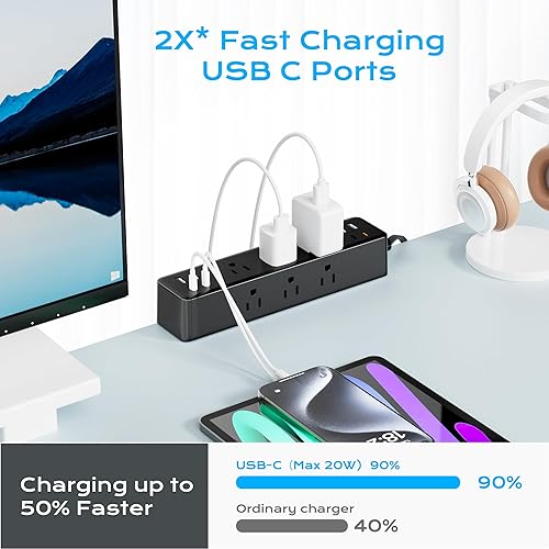 Miniatura 3 de Regleta de alimentación con abrazadera de escritorio de enchufe plano de 10 pies, estación de carga rápida total de 40 W, puertos USB C PD duales de
