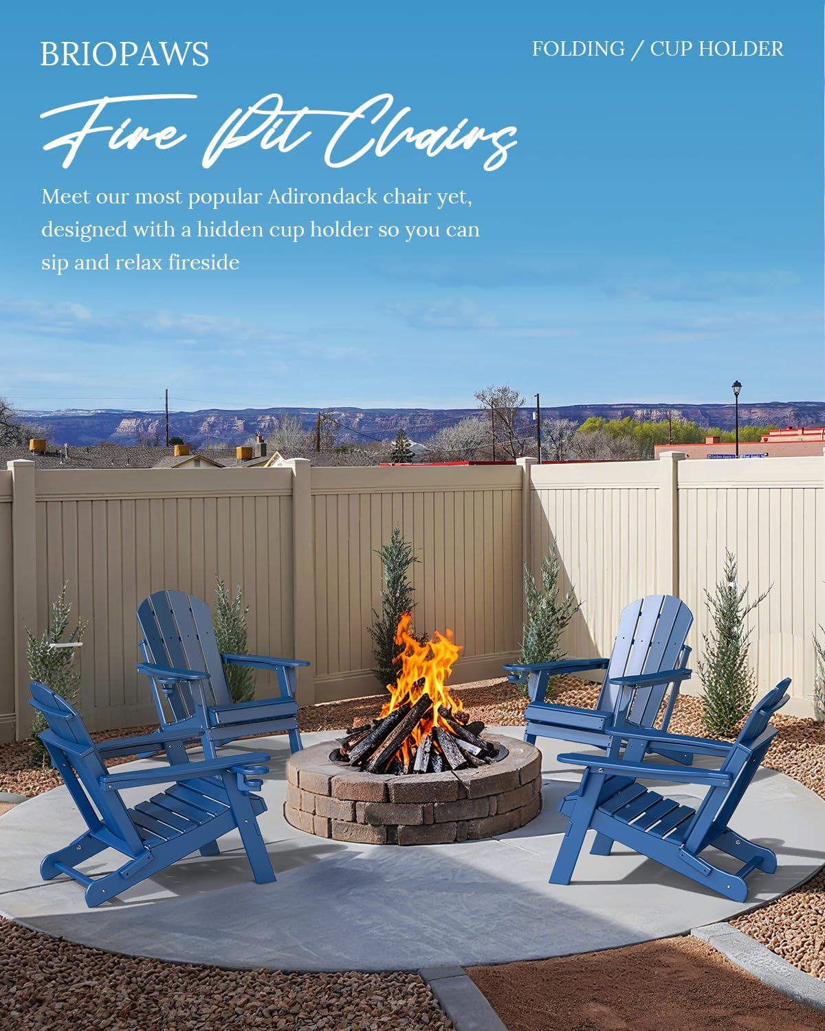 BRIOPAWS Folding-Adirondack-Chairs Set of 6 | HDPE | Fire Pit Chair | Cup Holder | Weather Resistance | Blue | for Outdoor Backyard Deck Patio