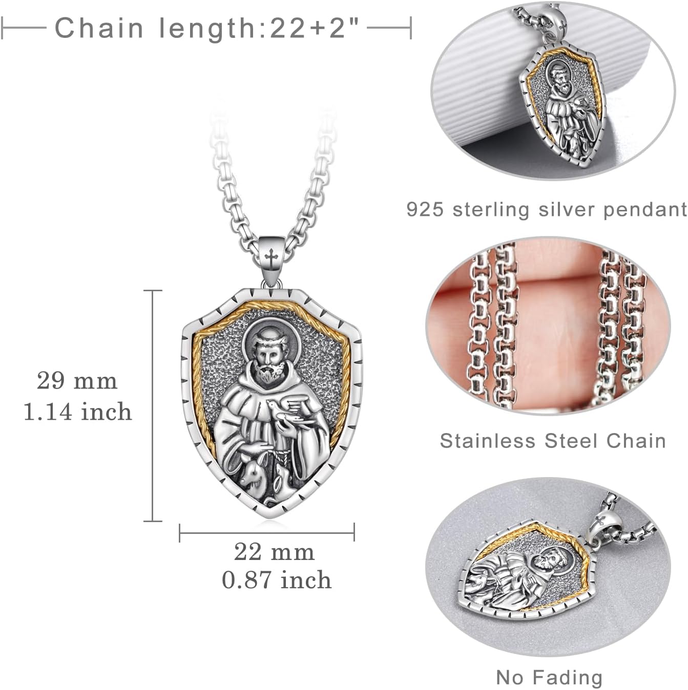St Francis of Assisi Necklace 925 Sterling Silver Patron Amulet Medal Jewelry for Men Women - Image 4