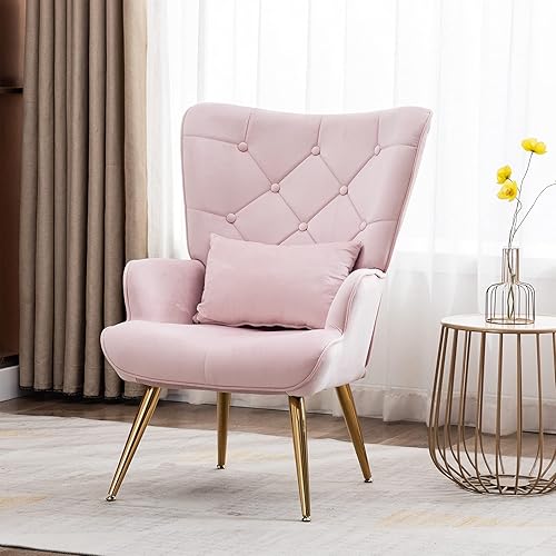 Artechworks Sillones de terciopelo con apoyabrazos decorativos, con respaldo de ala, con botones y patas de metal dorado y almohada, sillas de ocio