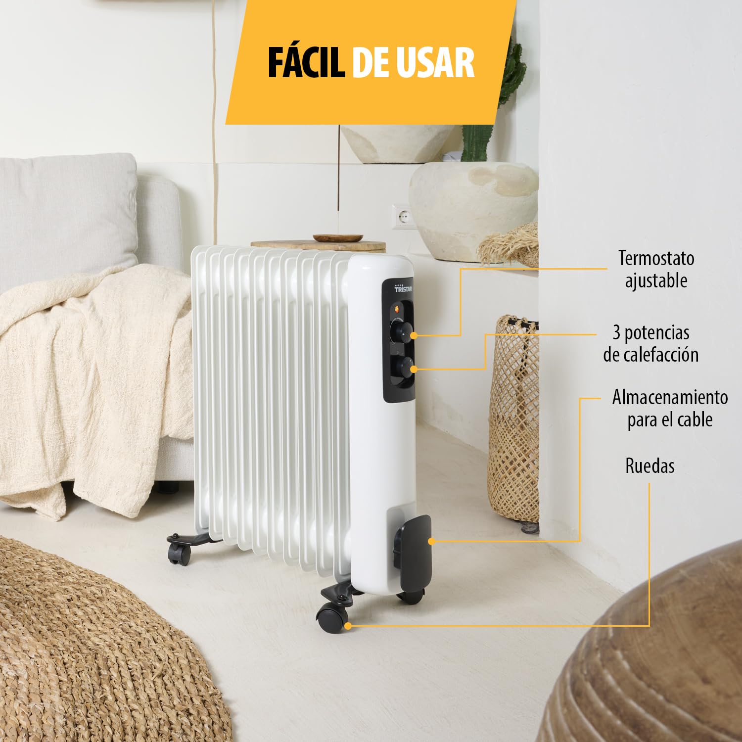 Tristar KA-5181 Calefactor de aceite, 3 ajustes de calor, Termostato ajustable, 2 000 W máx., 11 aletas