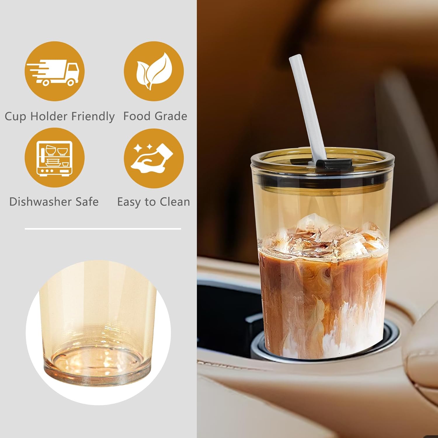 24oz Drinking Glasses Cups Set of 2 Leak Proof Iced Coffee Glass Tumbler with Lid Straw Glassware for Juice Coffee Smoothie Boba Tea(Gray & Amber) - Image 4