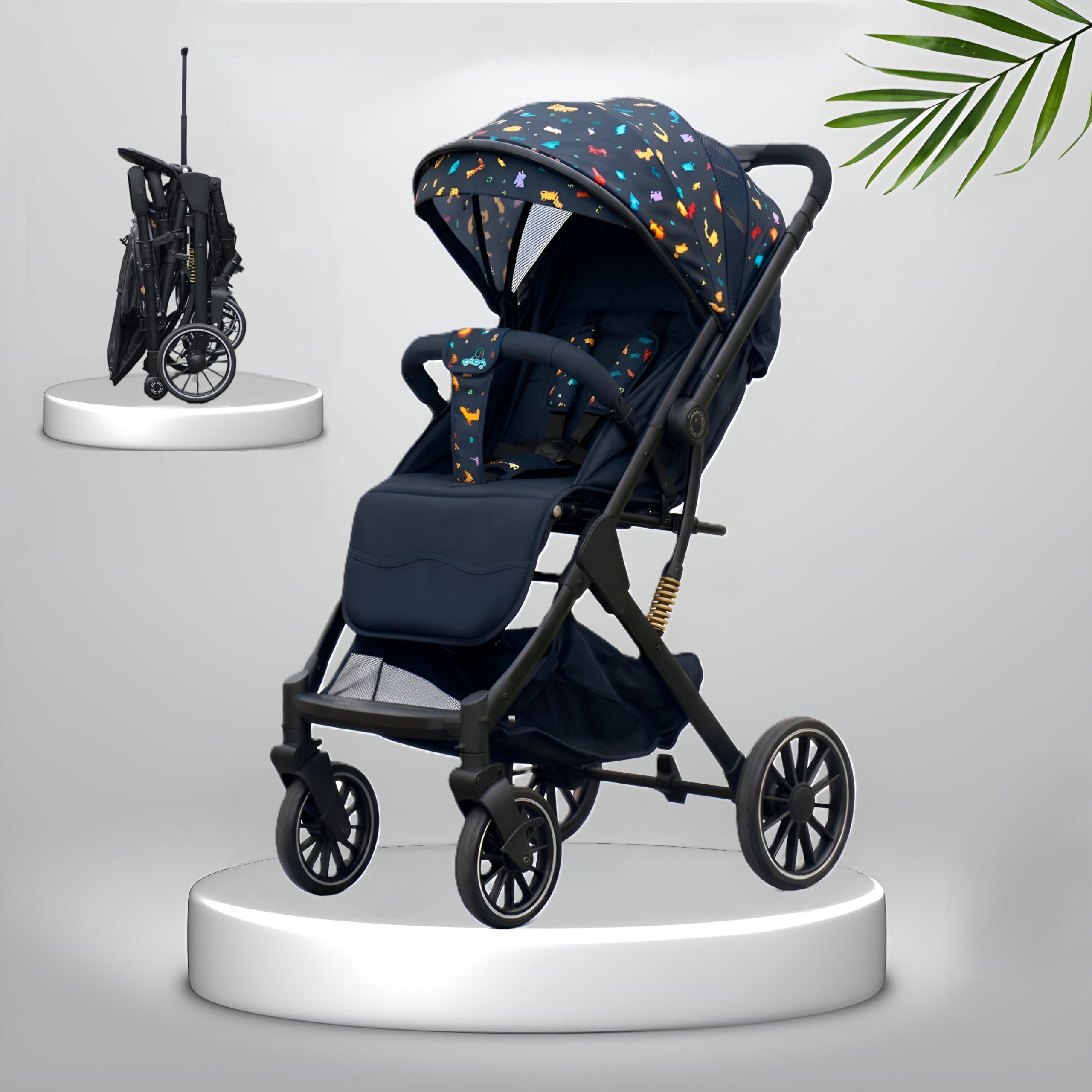 Chipzzie Baby Stroller Pram | Lightweight & Travel-Friendly | One-Hand Easy Fold, Reversible Handle | Full Recline, Suspension & 5-Point Harness for Newborns, Infants & Toddlers [0-3 Years] (Travel Mate Premium - Black with Cartoon Print Canopy)-image-14