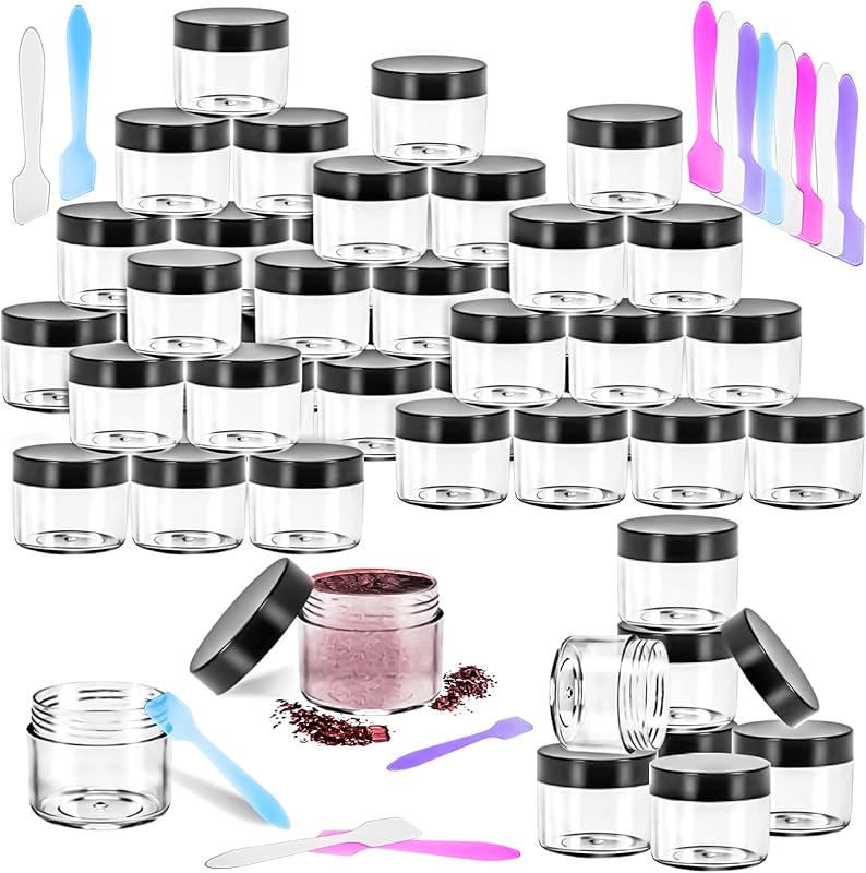MotBach Frascos Plásticos Recarregáveis com Tampa de Rosca e Mini Espátulas, 20 mL, Preto, Pacote com 35