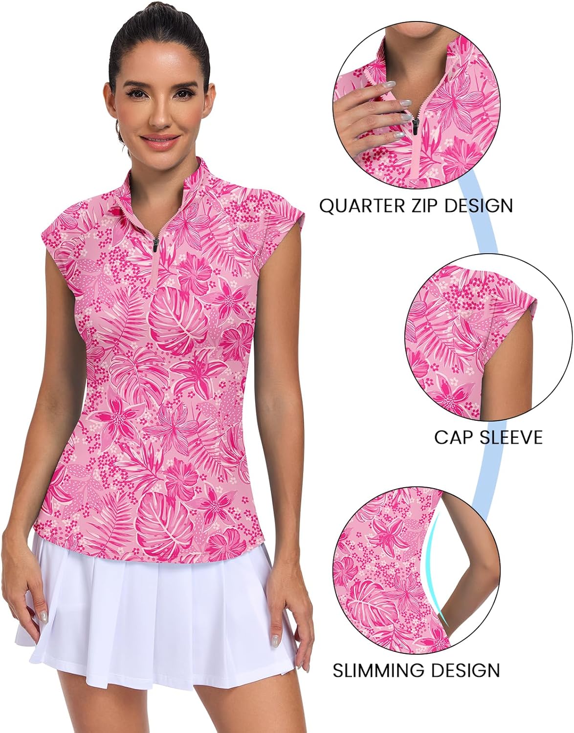 WOWENY Womens Golf Shirts Cap Sleeve Polo Quick Dry Tennis Tops Pickleball Outfits Quarter Zip