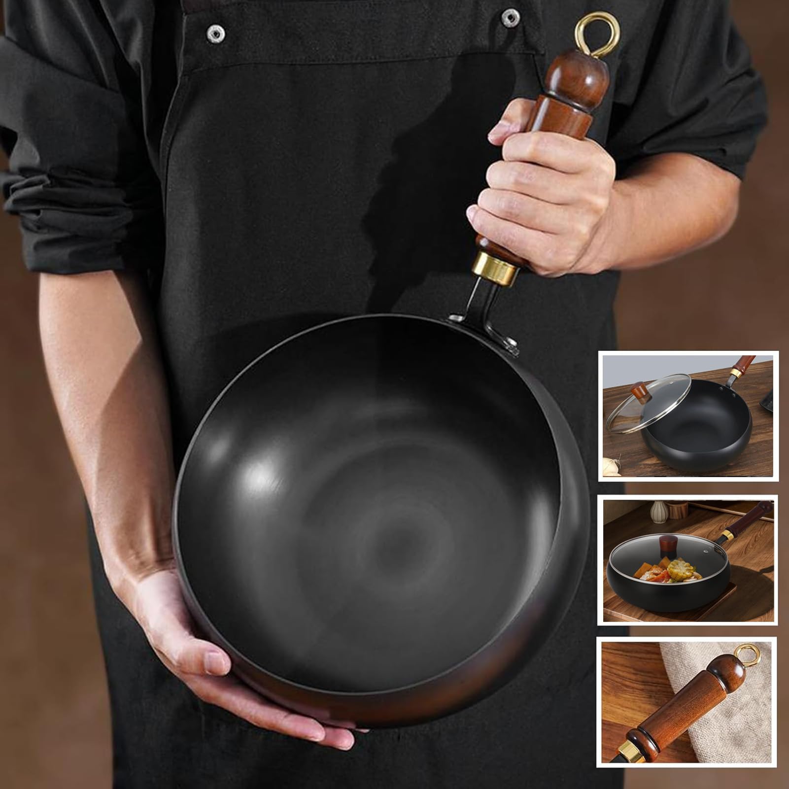 Sartén de hierro japonesa – 2025 Sartén antiadherente sin revestimiento hecha a mano de hierro puro de 28cm con tapa de madera o cubierta de vidrio, para cocina, inducción, cocinas eléctricas y de gas