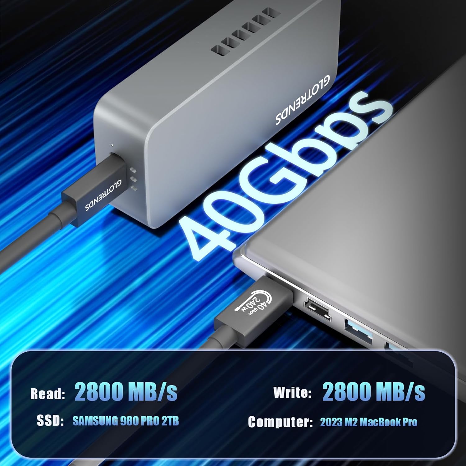 GLOTRENDS EM6007 40Gbps M.2 NVMe SSD Enclosure, Compatible with Thunderbolt 5/4/3/USB4 and USB 3.2(10Gbps)/3.1/3.0/2.0, Up to 3,000 MB/s with PCIe 3.0 x4 Bus, Support 8TB SSD