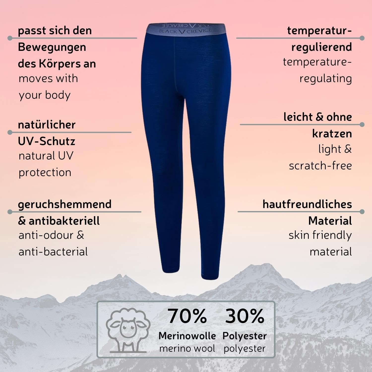 Black Crevice Leggings da Donna in Lana Merino I Intimo di pregio in Lana Merino da Donna I Intimo da Sci in Lana Merino da Donna in 70% Lana Merino e 30% PES I Pantaloni Intimi Termici