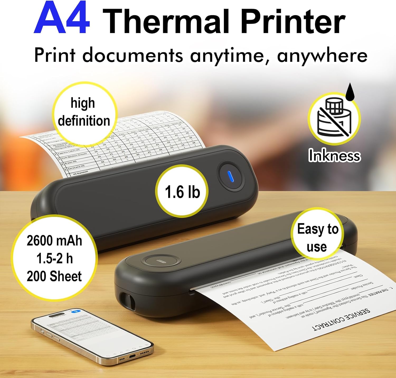 Bluetooth Portable Thermal Printers Wireless for Travel, Inkless Printer Support for 8.5"x11" US Letter & A4 Thermal Paper, Compatible with iOS, Android, Laptop & USB for Office Car Home