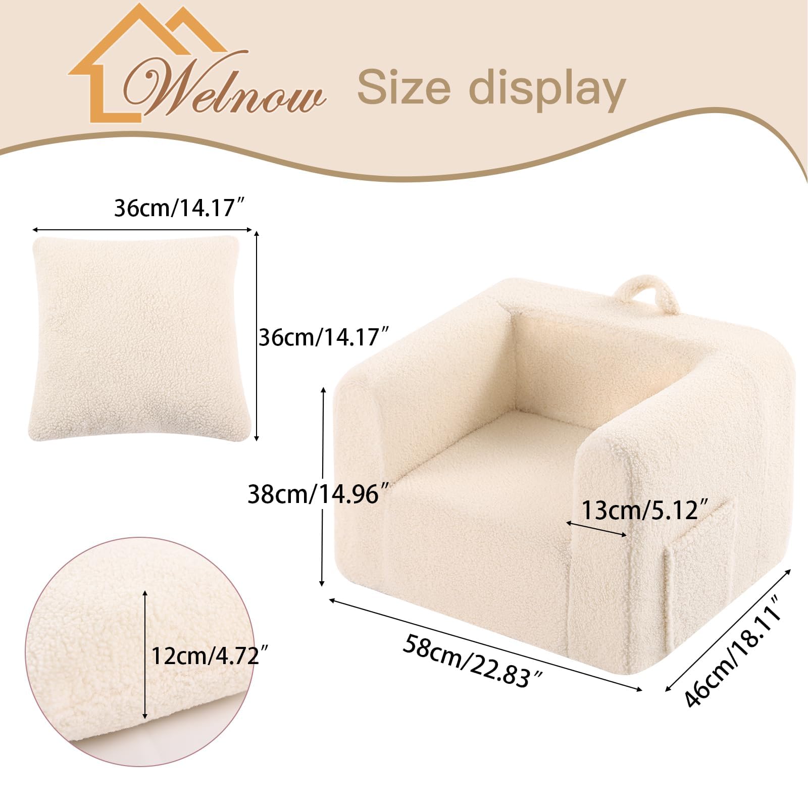 Welnow Kids Sofa with Pillow, Cozy Toddler Chair Soft Foam Seat for Reading, Children's Couch with Armrest Lightweight Comfy Kids Furniture for Bedroom, Playroom for Boys and Girls, Sherpa Beige