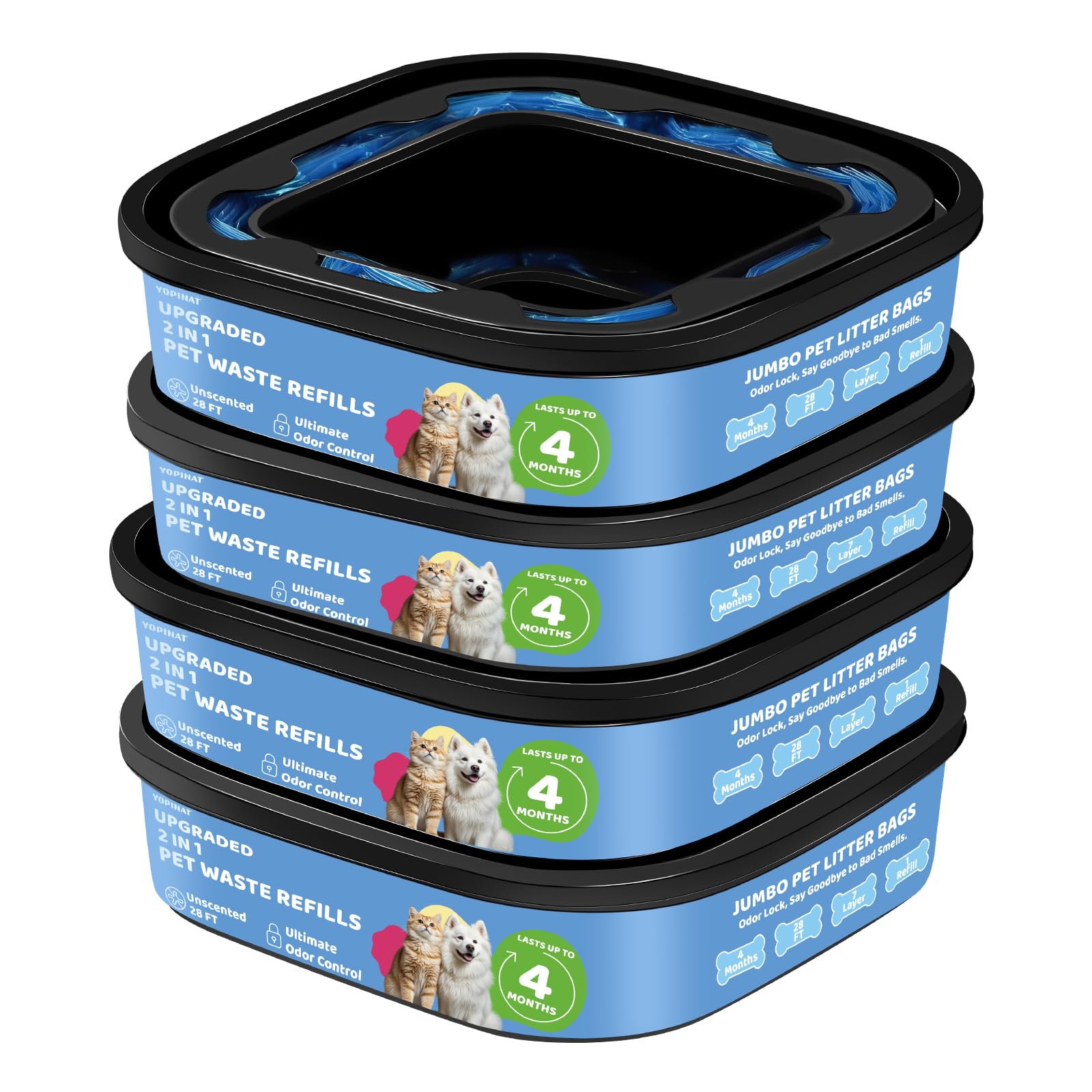 Jumbo Square Refill Bags 4 Pack Lasts Up to 16 Months Compatible with Pet Genie Dog Waste Disposal System Pails Lavender Scented Dog Poop Bags for Dogs 7-Layers EVOH Pet Waste Refills for Odor Control