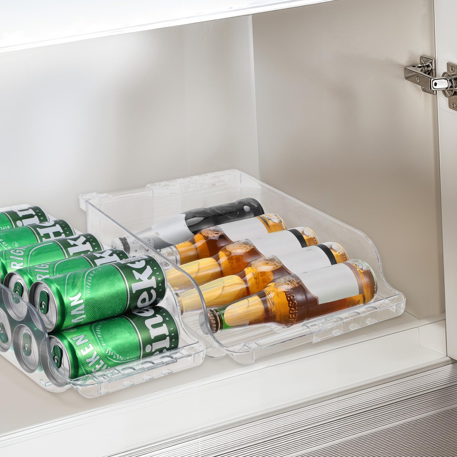 Paquete de 2 organizadores de latas de refrescos de ancho transparente ajustable para refrigerador, dispensador de latas de refresco expandible para cerveza, refrescos, seltzer, pop, organizador para