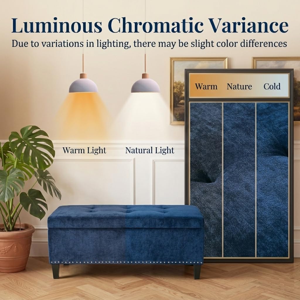 Joveco 41" Storage Benches, Microfiber Button Tufted Ottoman Bench with Nailhead Trim and Safety Hinges, Rectangular Bed End Bench for Bedroom, Living Room, Entryway, Navy Blue