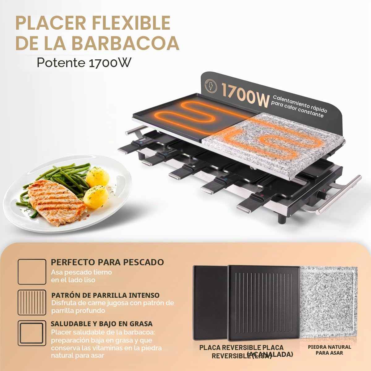 Parrilla de raclette ProfiCook 2 en 1,raclette 10 personas, raclette con placa de piedra y placa de parrilla, revestimiento antiadherente, termostato continuo, 1700 vatios, acero inoxidable,PC-RG 1144