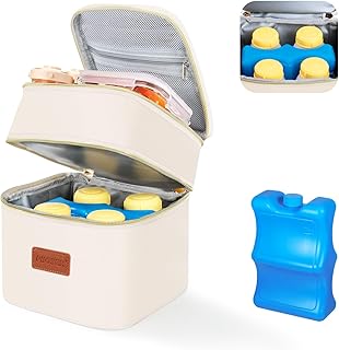 PIIOSER Insulated Baby Cooler Bag with Ice Pack, Fits 4 Baby Bottles Up to 5 Ounce, Portable Breastmilk Cooler Travel Bag with Buckle for Nursing & Working Mom Daycare (Cream-XS-1
