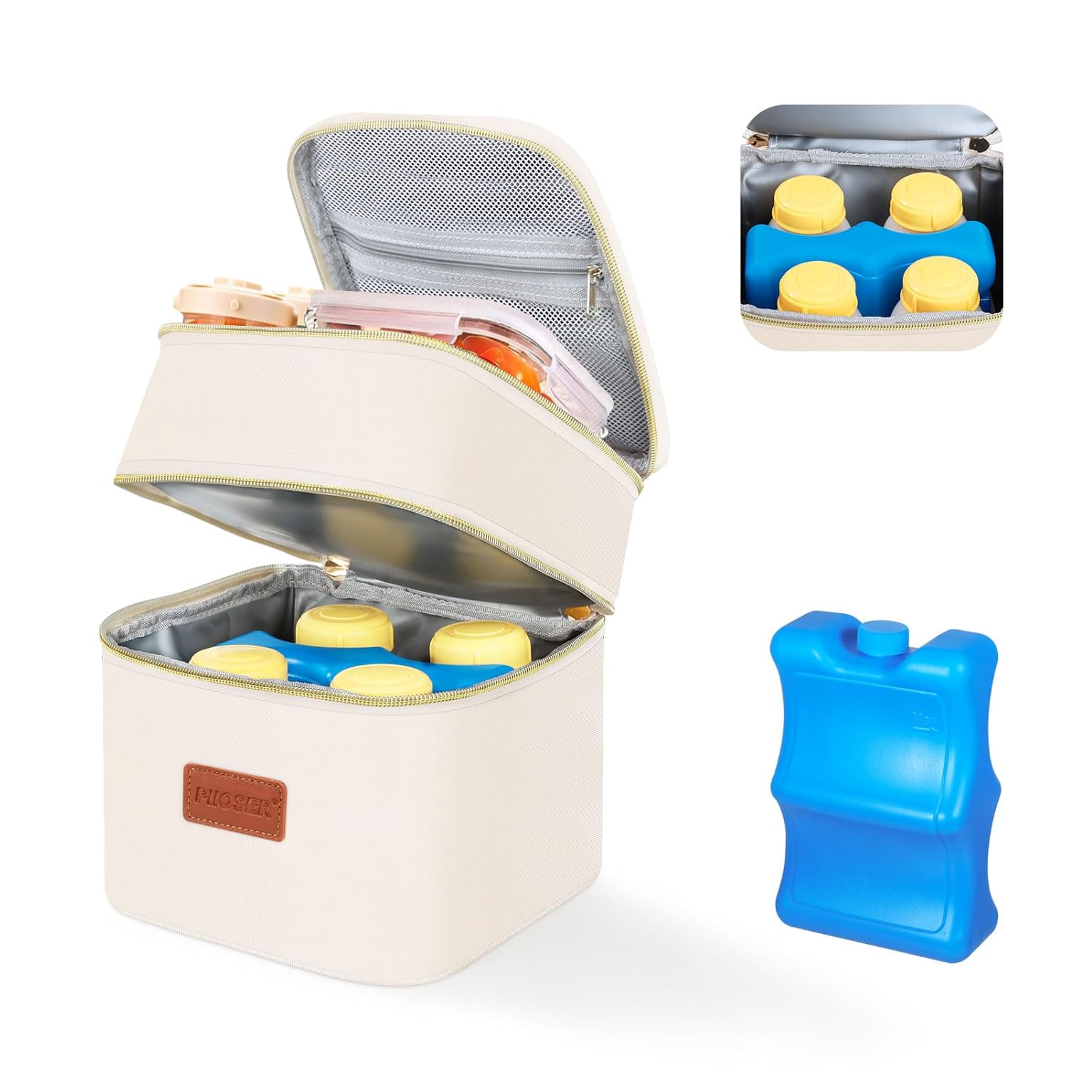 PIIOSER Breast Milk Storage Cooler Bag with Ice Pack, Fits 4 Baby Bottles Up to 5 Ounce, Small Insulated Breastmilk Cooler Travel Bag with Handle Buckle for Nursing & Working Mom Daycare (Cream-XS-1 Cream-XS-1 Fits 4 Baby Bottles Up to 5 Ounce