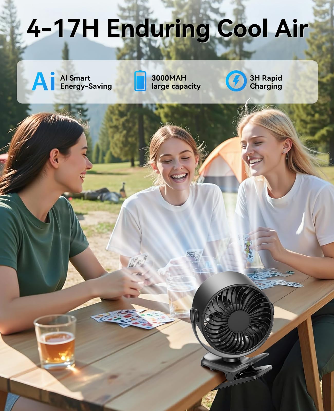KIMMOO Tragbarer Ventilator zum Anklippen, 100 Geschwindigkeiten, wiederaufladbar, USB-Ventilator mit LED-Anzeige, 360° Drehung & starker Luftstrom, Schreibtischventilator, bis zu 17 Stunden, kleiner