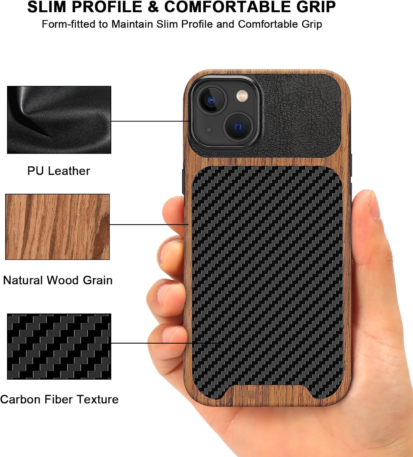 TENDLIN Compatible with iPhone 15 Case Wood Grain with Carbon Fiber Texture Design Leather Hybrid Slim Case (Black) - Image 3