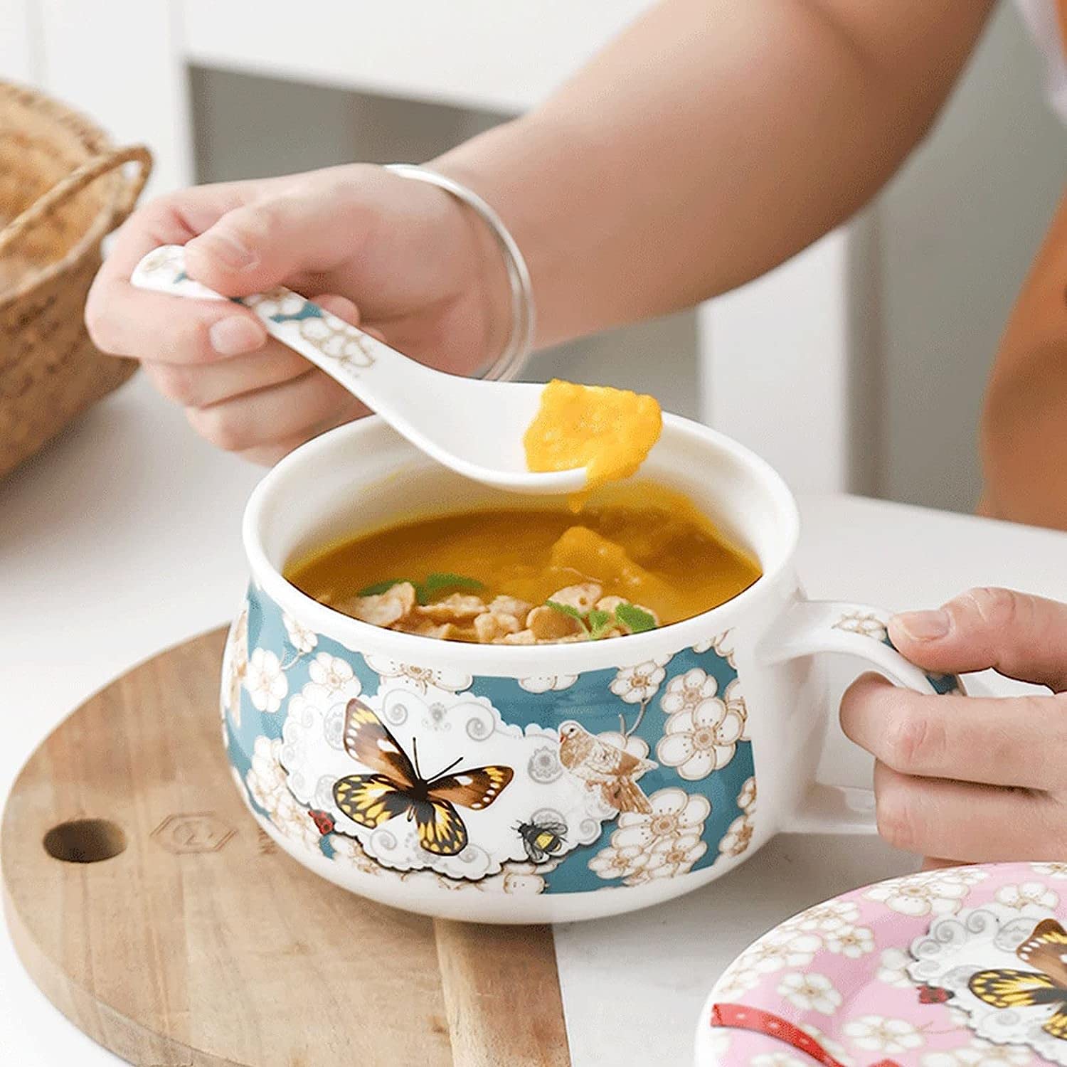 Ceramiczne miski do zupy 680 ml z pokrywką akademika, miska mikrofalówki, ramenu – różowe