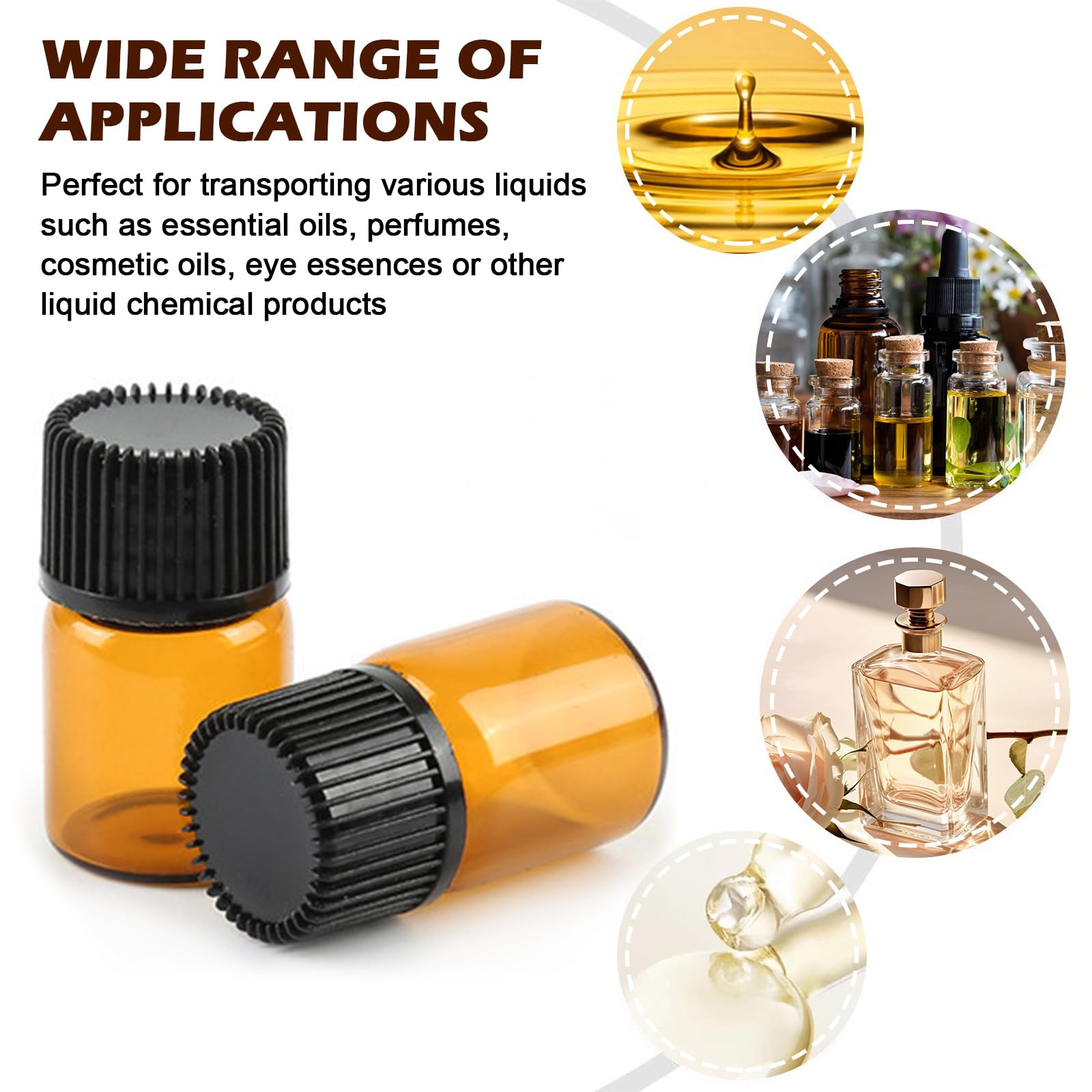 Mini bottiglie per oli essenziali, 100 pezzi da 2 ml, bottiglie di vetro vuote marrone, per oli essenziali, mini bottiglia di vetro con imbuto e apribottiglie per olio essenziale, aromaterapia