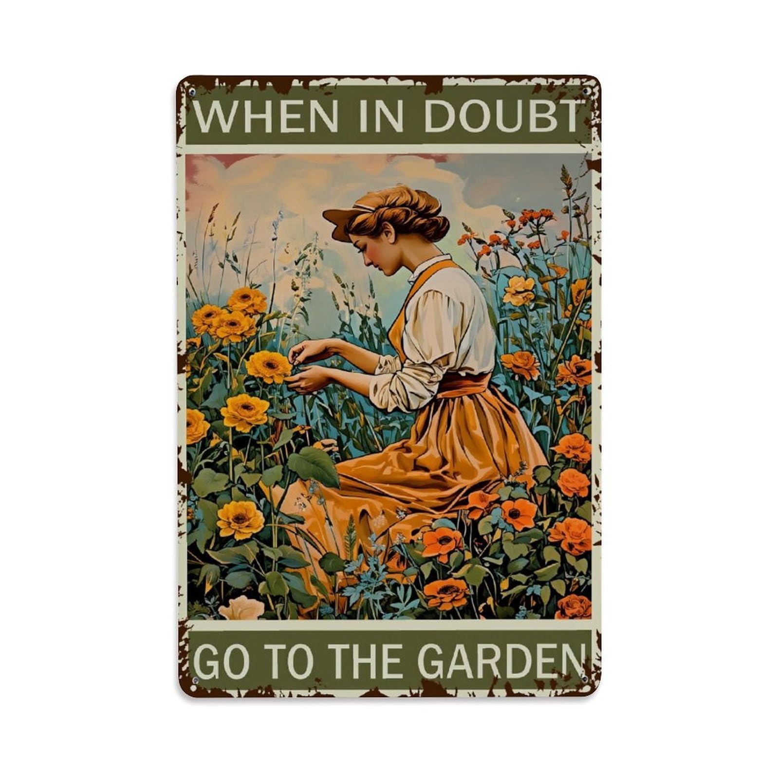 Enderetf Vintage Garden Woman Flowers Nature Peace Tin Sign Metal Poster, Home Bar Garage Man Cave Cafe Indoor & Outdoor Wall Decoration 8X12inches