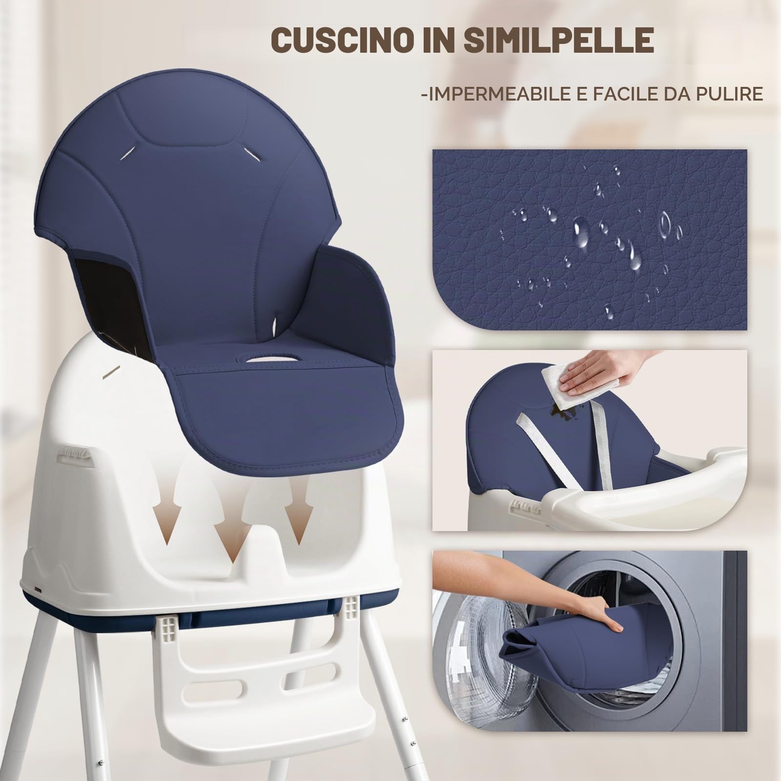 Seggiolone pieghevole 4in1, Reclinabile e regolabile in altezza, con vassoio estraibile e rotelle, Seggiolone regolabile con cintura a 5 punti, Blu