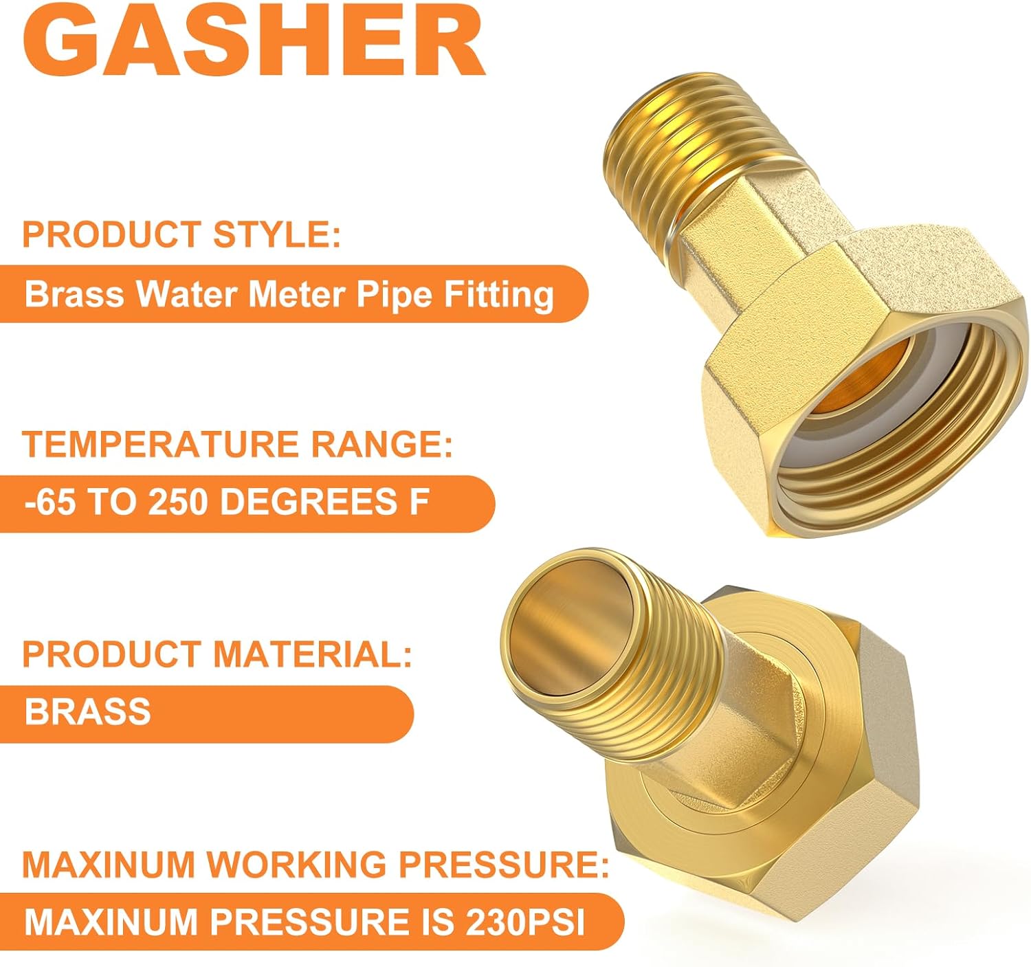 GASHER 2Pcs Brass Water Meter Pipe Fitting，3/4" NPT Male x 1" Female Adapter Pipe Fitting