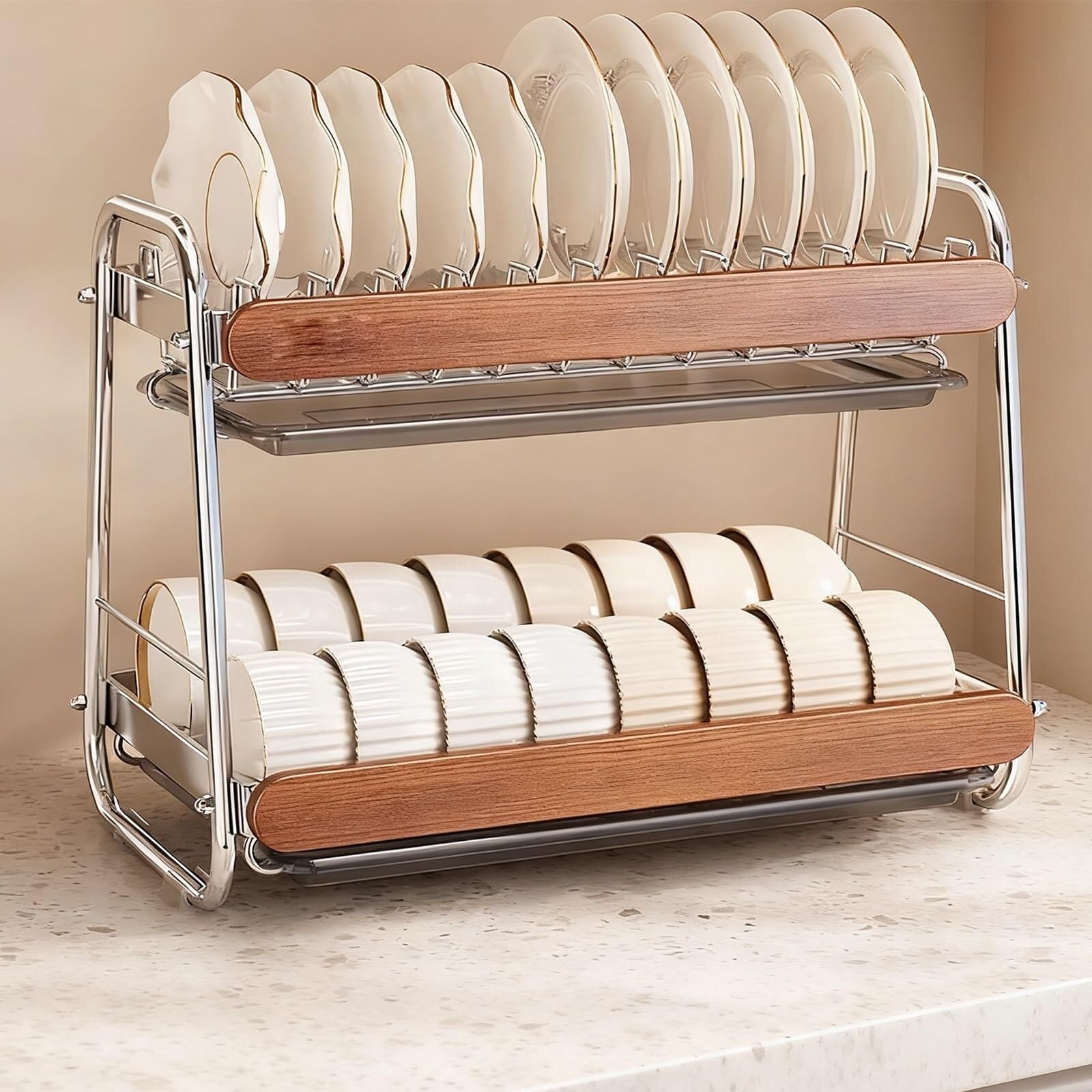 Lkvent dish drainer Countertop 2 Tier Dish Drying Rack Dishes Organizer Rack Double Decker for Kitchen Counter Organizer drying(Primary Color,Bare frame)