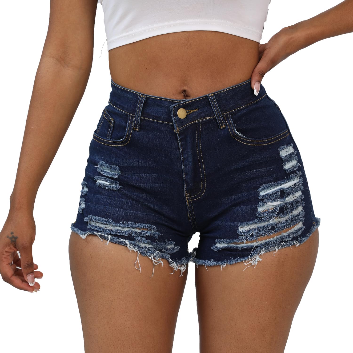 Weigou Women Jean Short Ripped Hot Shorts Comfy Stretchy Women Fringed Denim Shorts - Image 3