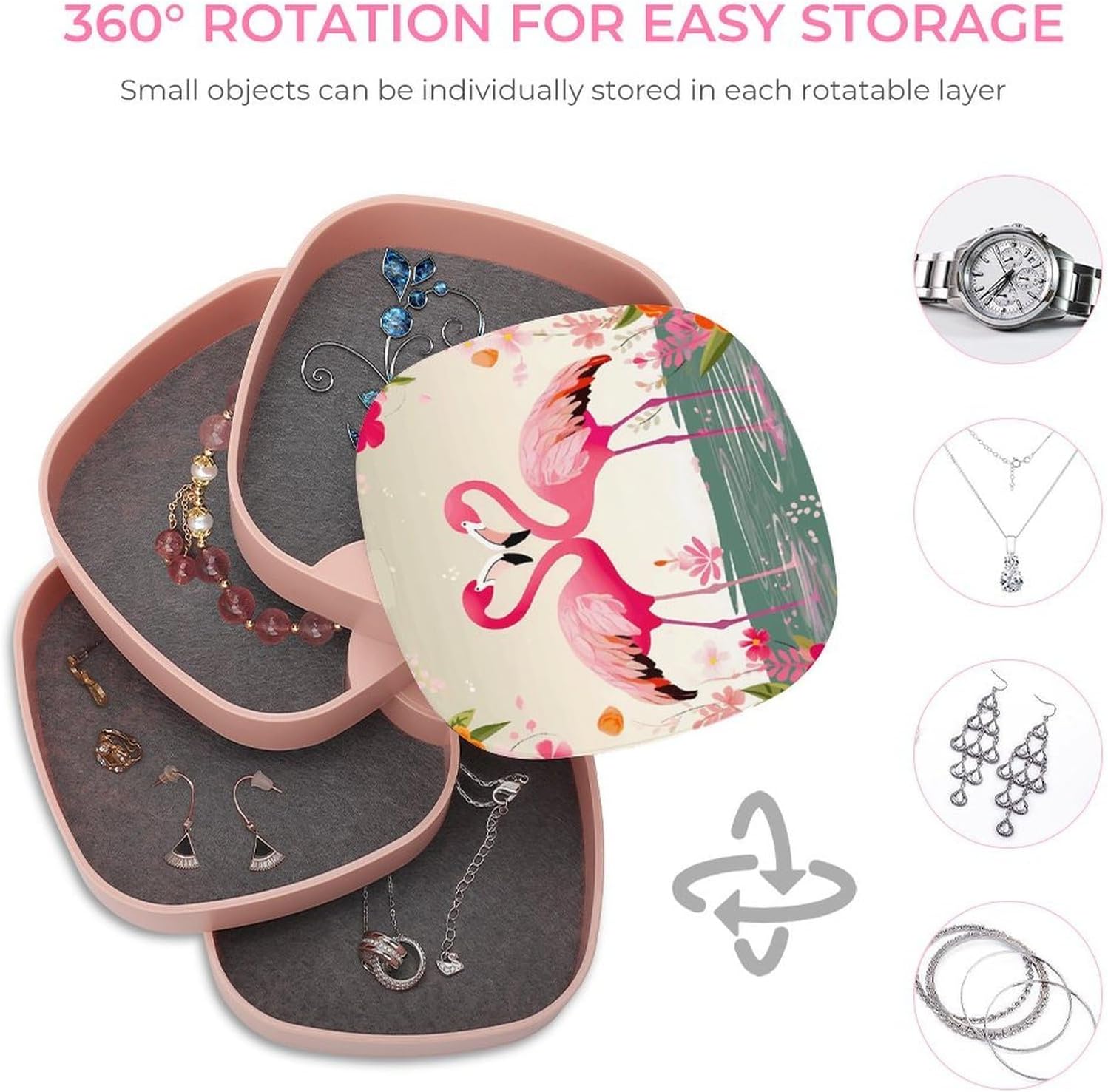 Flamingos And Flowers 4-Layers 360°Rotating Jewelry Box image 4