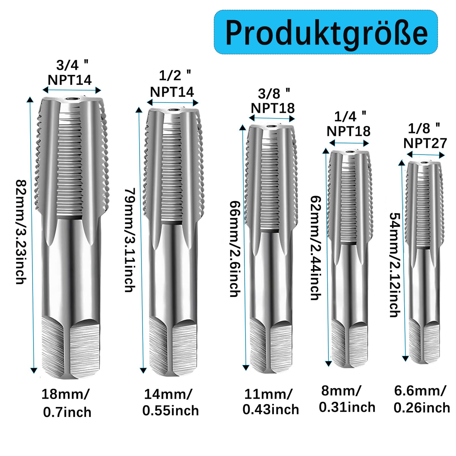 5 teiliges NPT-Rohrgewindebohrer-Set, NPT-Gewindebohrer-Set für PVC-Rohre,1/8", 1/4", 3/8", 1/2" und 3/4" Gewindeformer aus Kohlenstoffstahl,Stahlbohrer Zum Reinigen von Beschädigten