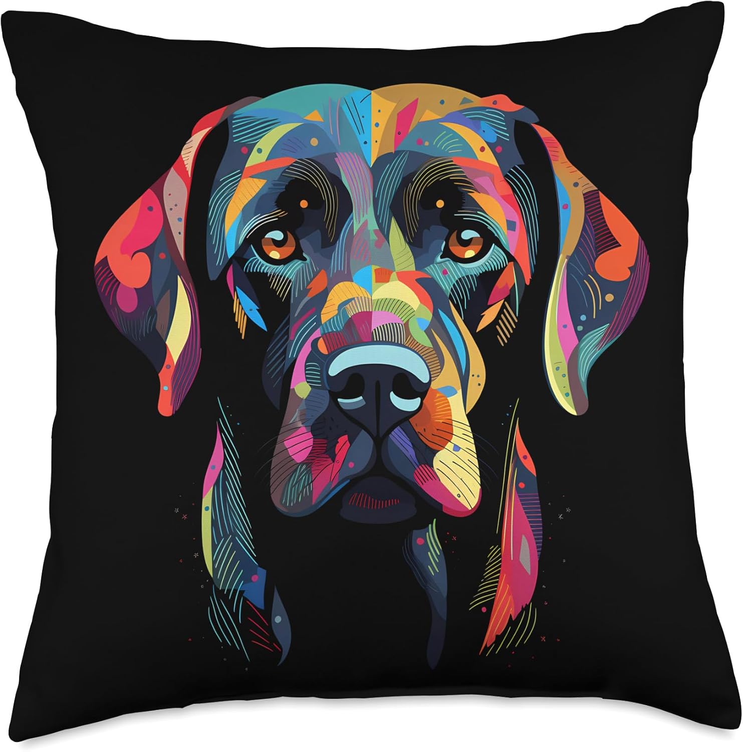 Labrador Retriever Colorful Dog Face Funny Lab Lover Black Throw Pillow