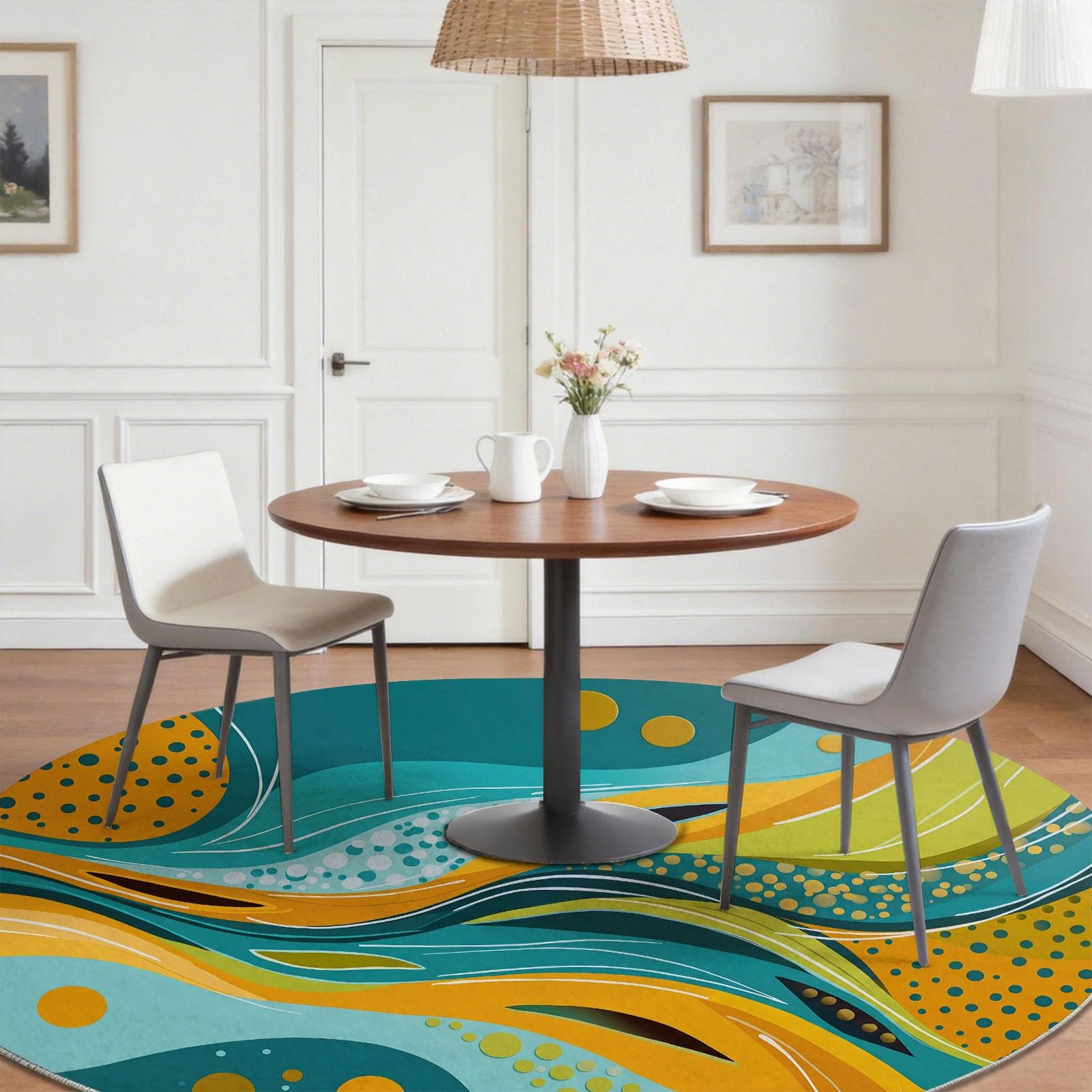 Tappeto rotondo con onde astratte e curve, per interni, 120 cm, arte moderna, a pelo basso, lavabile, rotondo, antiscivolo, per camera da letto, ragazzi, ragazze, multicolore