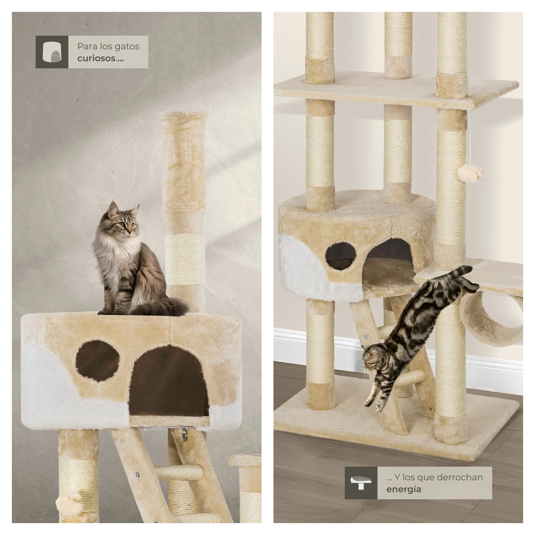 tectake® Árbol para Gatos Rascador, 2 Casetas, Varias Alturas, 3 Plataformas, Protección Antivuelco, Cama Gatos, Juguetes para Gatos, Rascadores para Gatos, Torre Gatos - Beige/Blanco