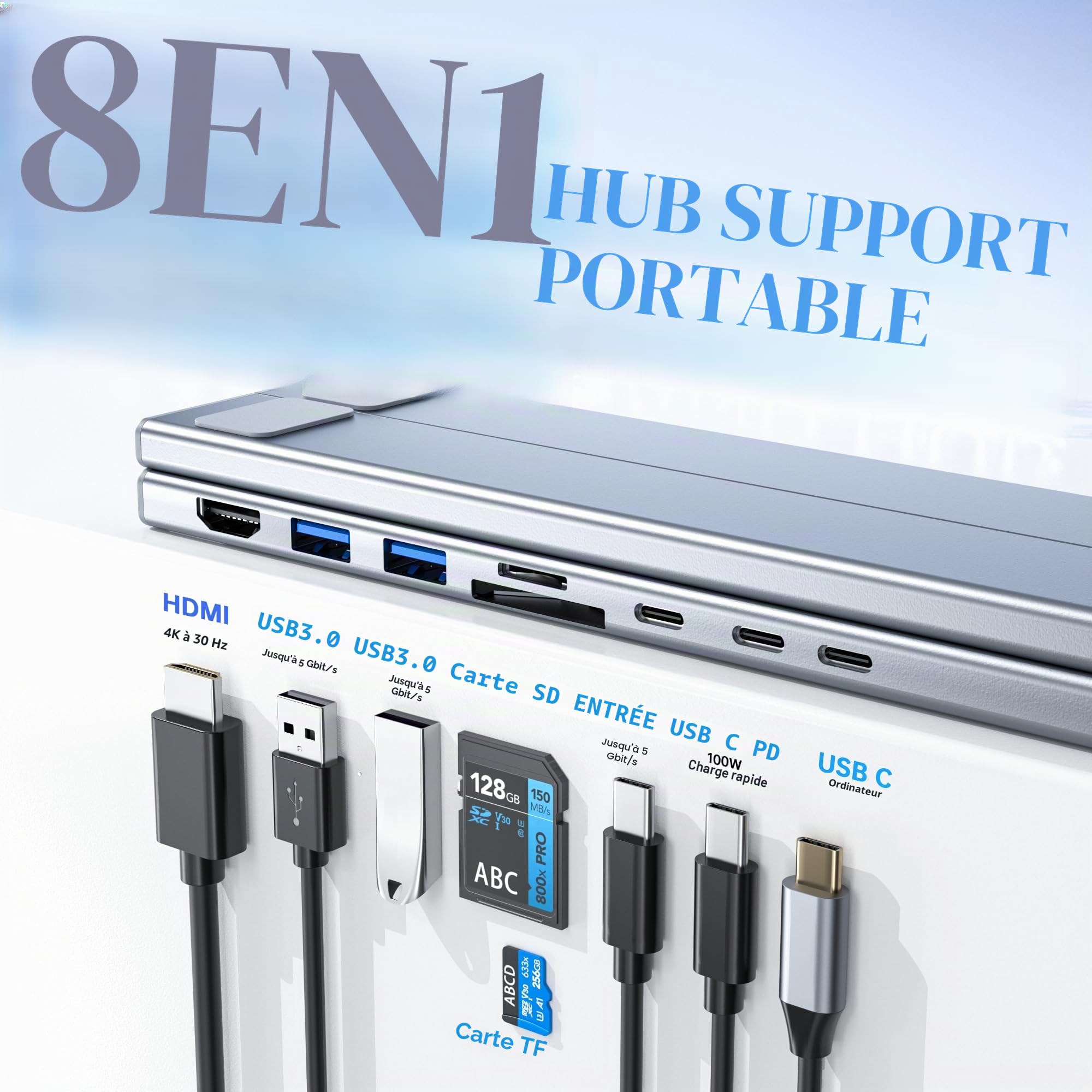 Support Ordinateur Portable, 8 en 1 Station d'accueil USB C Laptop Stand Docking Station USB C Hub HDMI 4K@30Hz, PD 100W, Support PC Pliable Adaptateur USBC Dock Compatible avec MacBook Pro/Air