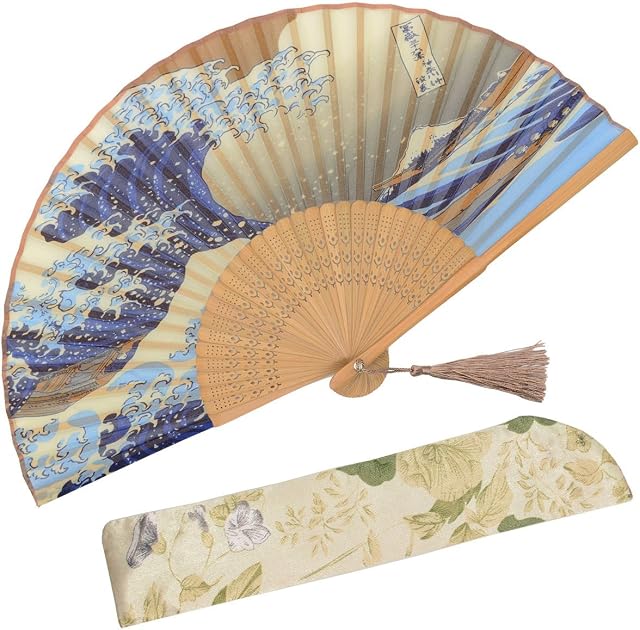 OMyTea "Landscape" Folding Hand Held Fan for Women - Chinese / Japanese Vintage Retro Style for Wedding, Dancing, Church, Party, Gifts - With a Fabric Sleeve for Protection (Kanagawa Sea Waves)