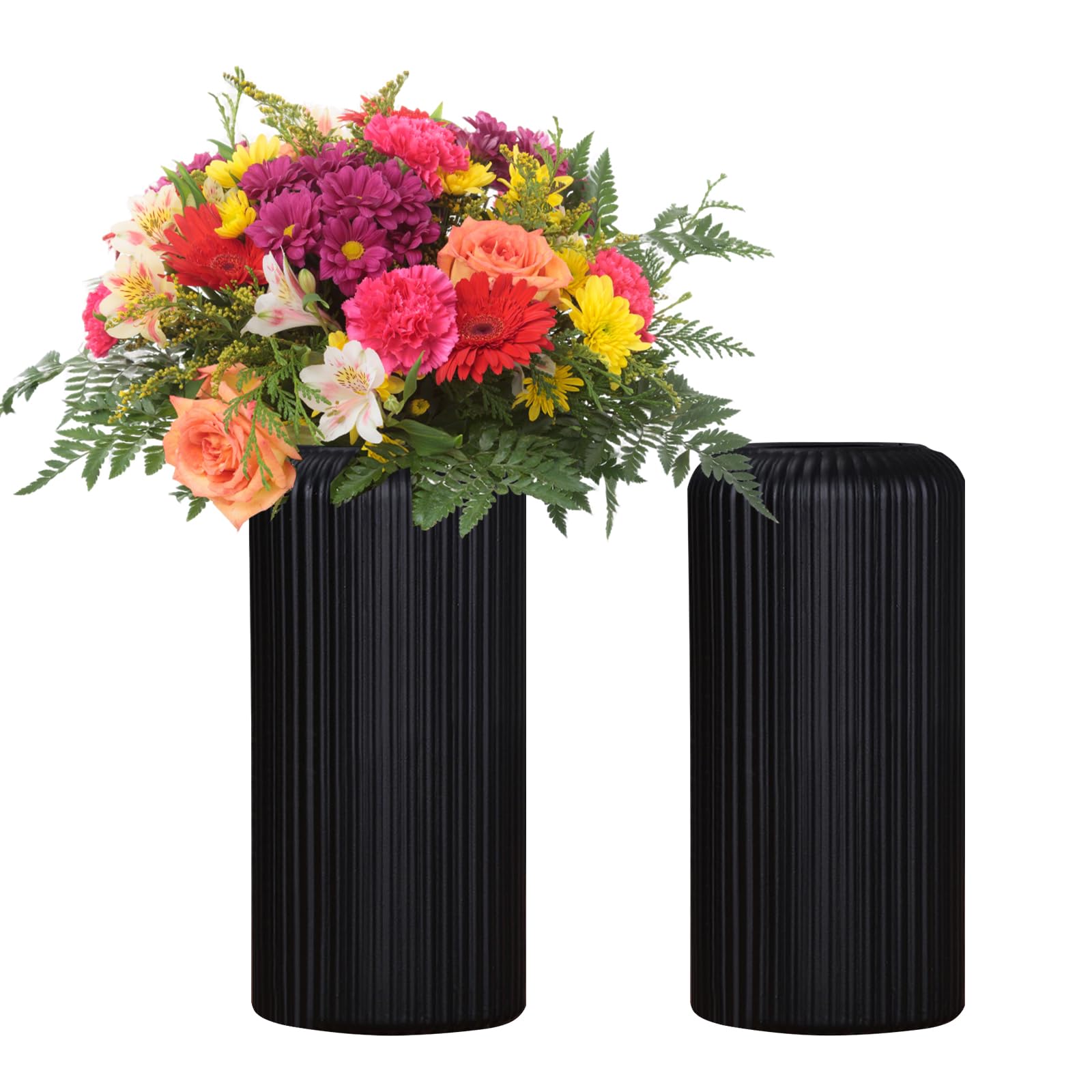 Fyfjur Jarrón para flores, 2 jarrones de plástico para flores, a rayas, modernos, duraderos, color negro, para sala de estar, oficina, decoración de boda (20 x 10 cm)