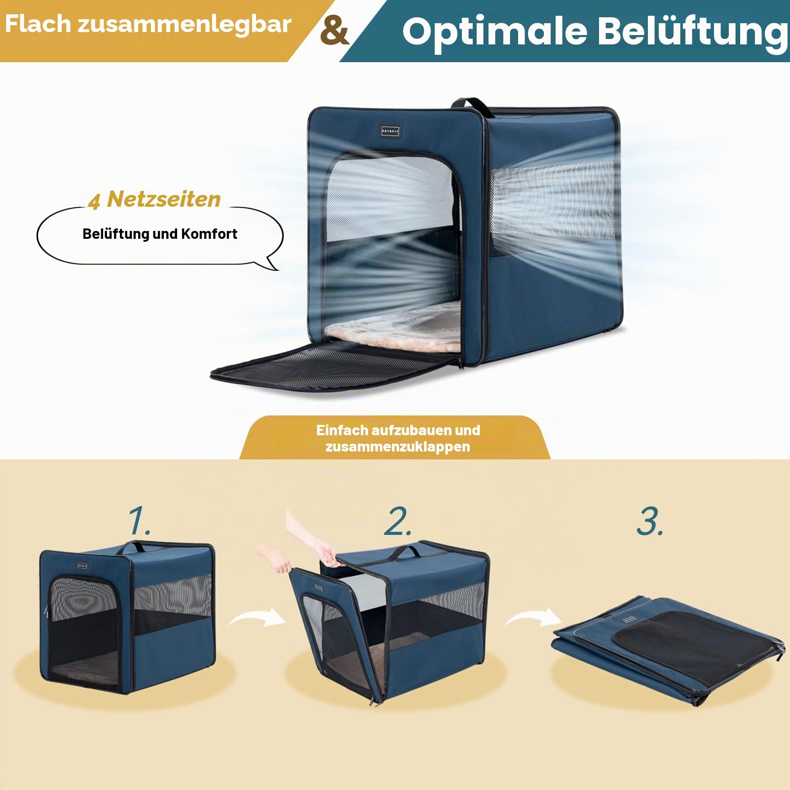 Petsfit Hundebox faltbar für zuhause, Hundetransportbox Faltbare Hundebox große Hunde, robust, leicht, sicher mit 3 cm dicken Plüschmatte, L 79x53.5x66cm