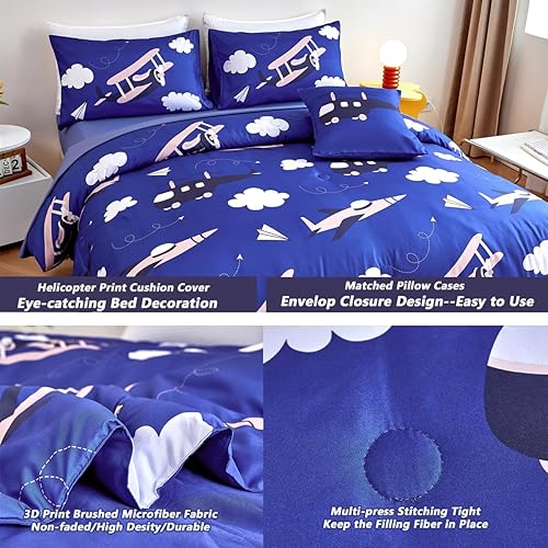 Miniatura 6 de PERFEMET Juego de edredón azul de 6 piezas para niños, cama en una bolsa, tamaño matrimonial, con mosca, aeronaves, nubes, para niños, adolescentes,