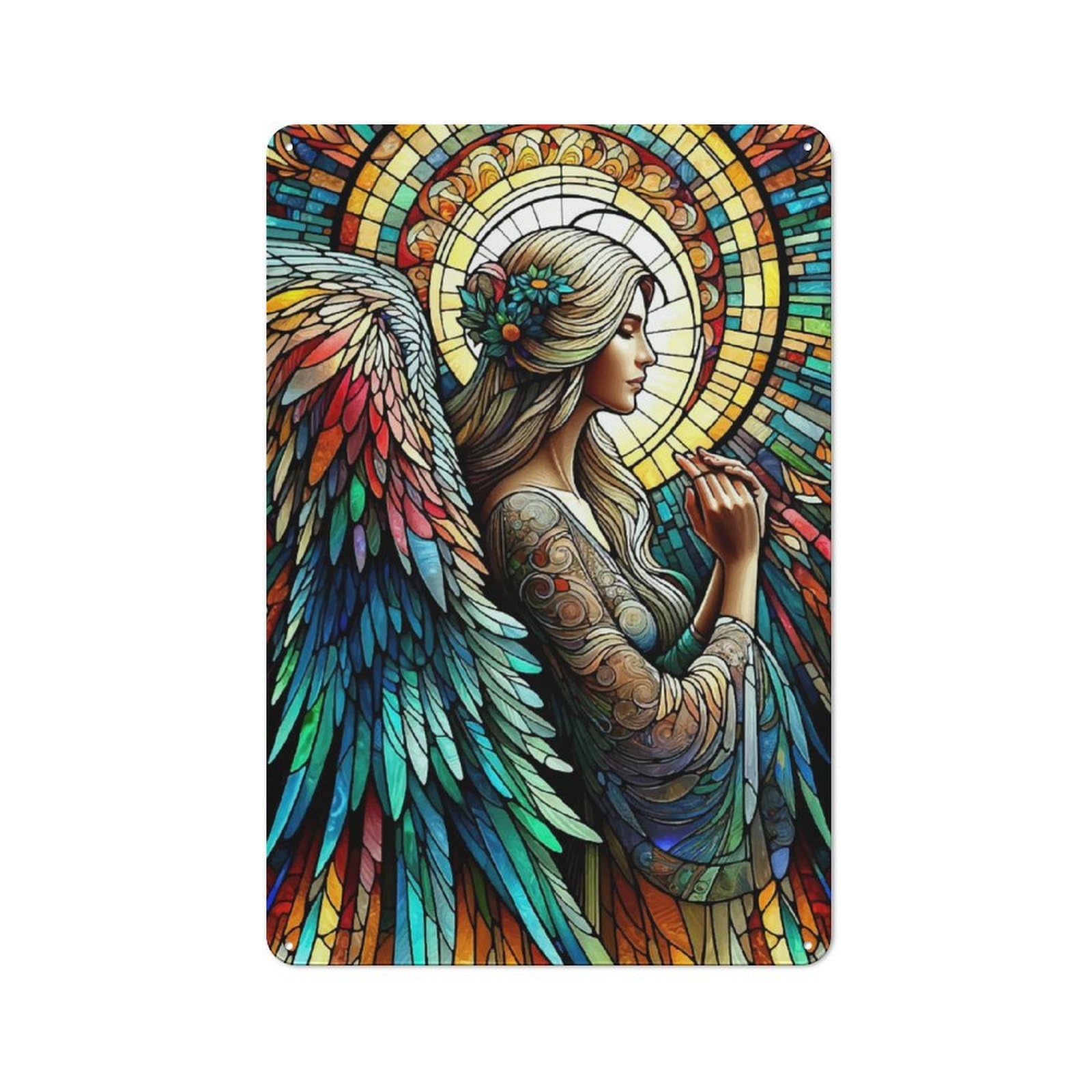 Industrial Stained Glass Angel Industrial Metal Sign 30x20cm, Industrial Wall Decor for Workspace, Cafe, Hallway Or Garage