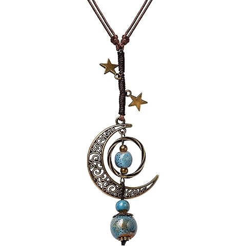 MINACHI Vintage Bohemian Hippie Ceramic Beads Crescent Moon Lariat Necklace, Boho Hippie Statement Jewelry Gift for Women