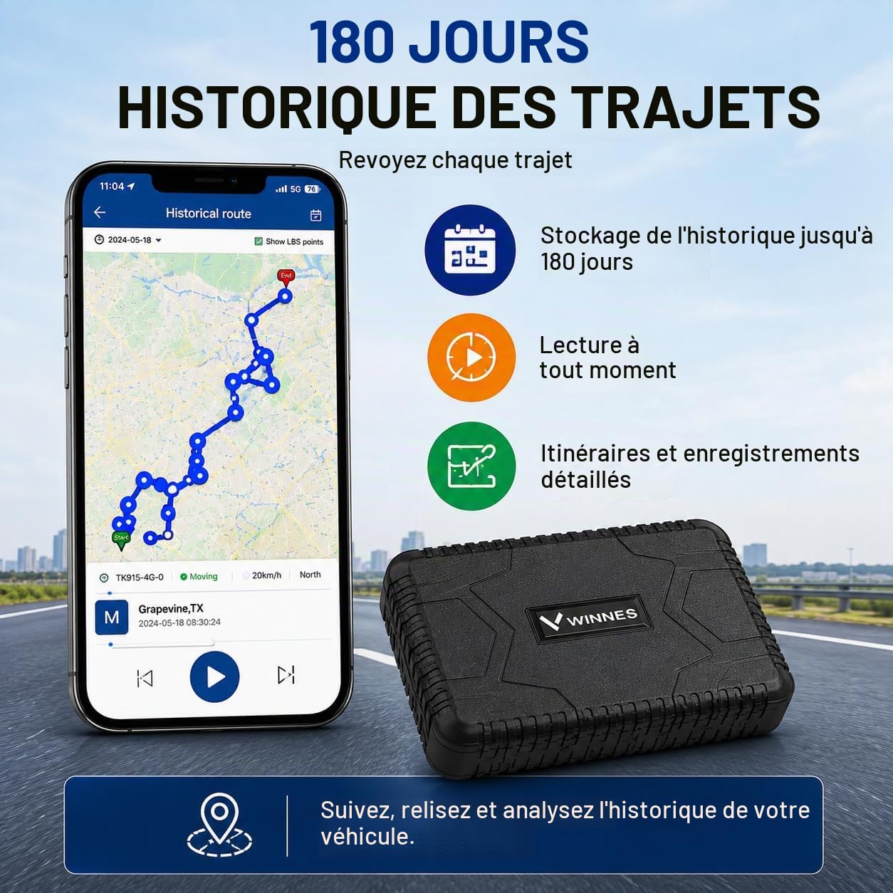 Winnes Traceur GPS 4G TK915 pour Voiture - Suivi en Temps Réel sans Limitation de Distance - Localisateur Antivol avec Batterie Rechargeable 7800mAh pour Moto, Vélo, Valise