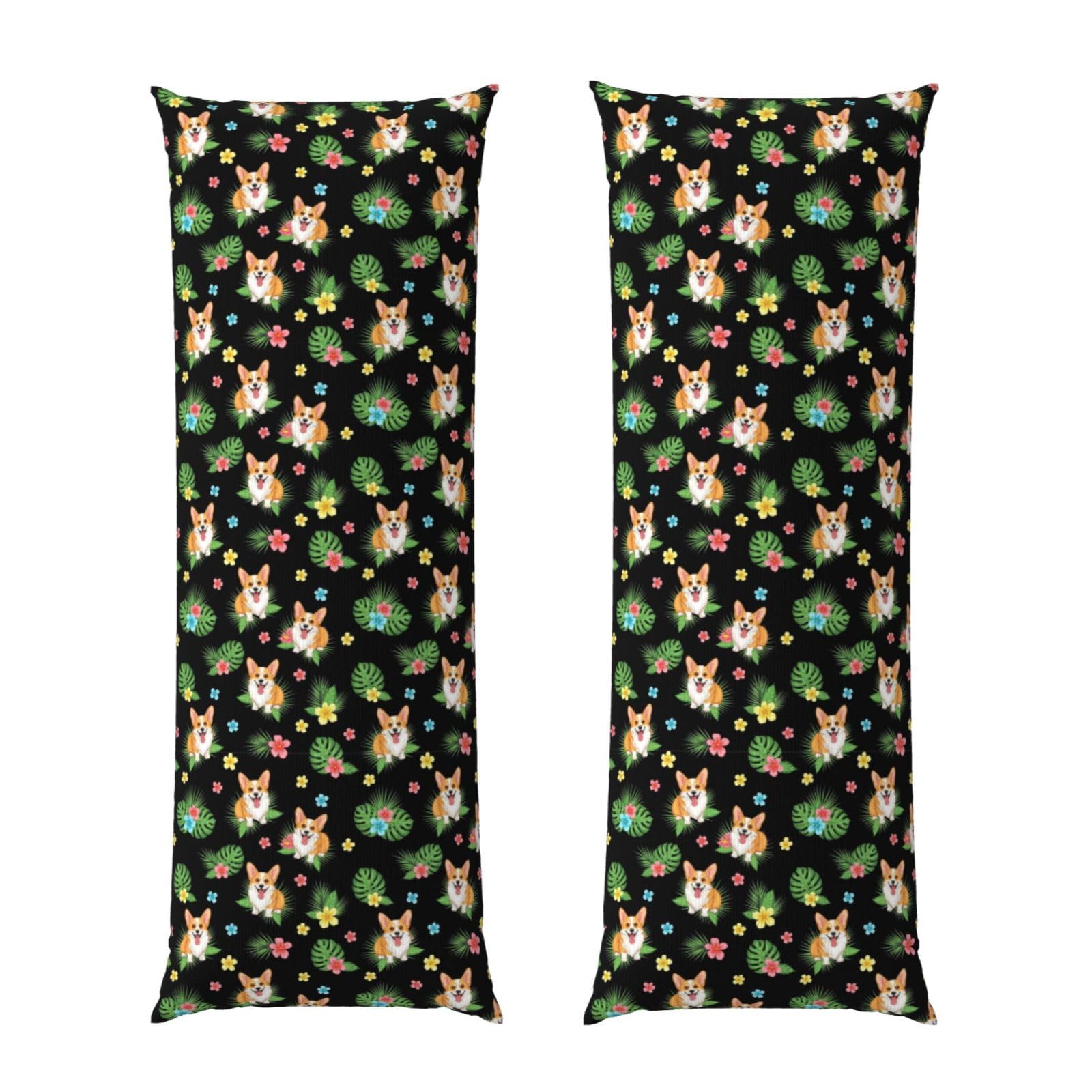 Body Pillow Cover 20x54, Cute Corgi Dog Tropical Leaves Peony Flowers, Decorative Zippered Pillowcase, Soft Cozy Flannel Fabric, Cushion Case for Couch Sofa Bedroom Home Decor