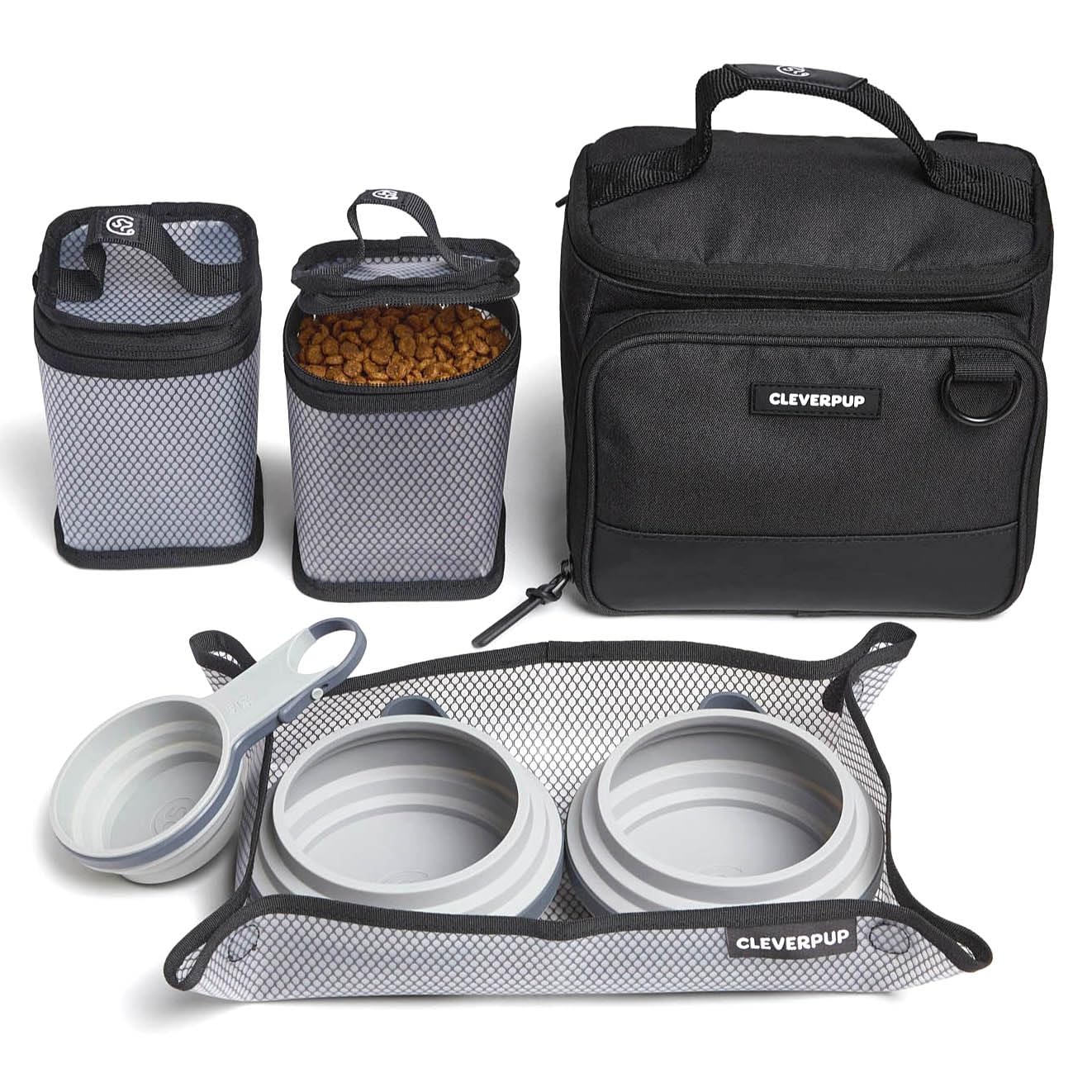 Cleverpup, Small 7-Piece Bistro Box Dog Food Travel Kit, 6-Cup Kibble Storage, 2 Silicone Bowls, Mat & Scoop - Premium Portable Pet Food Kit for